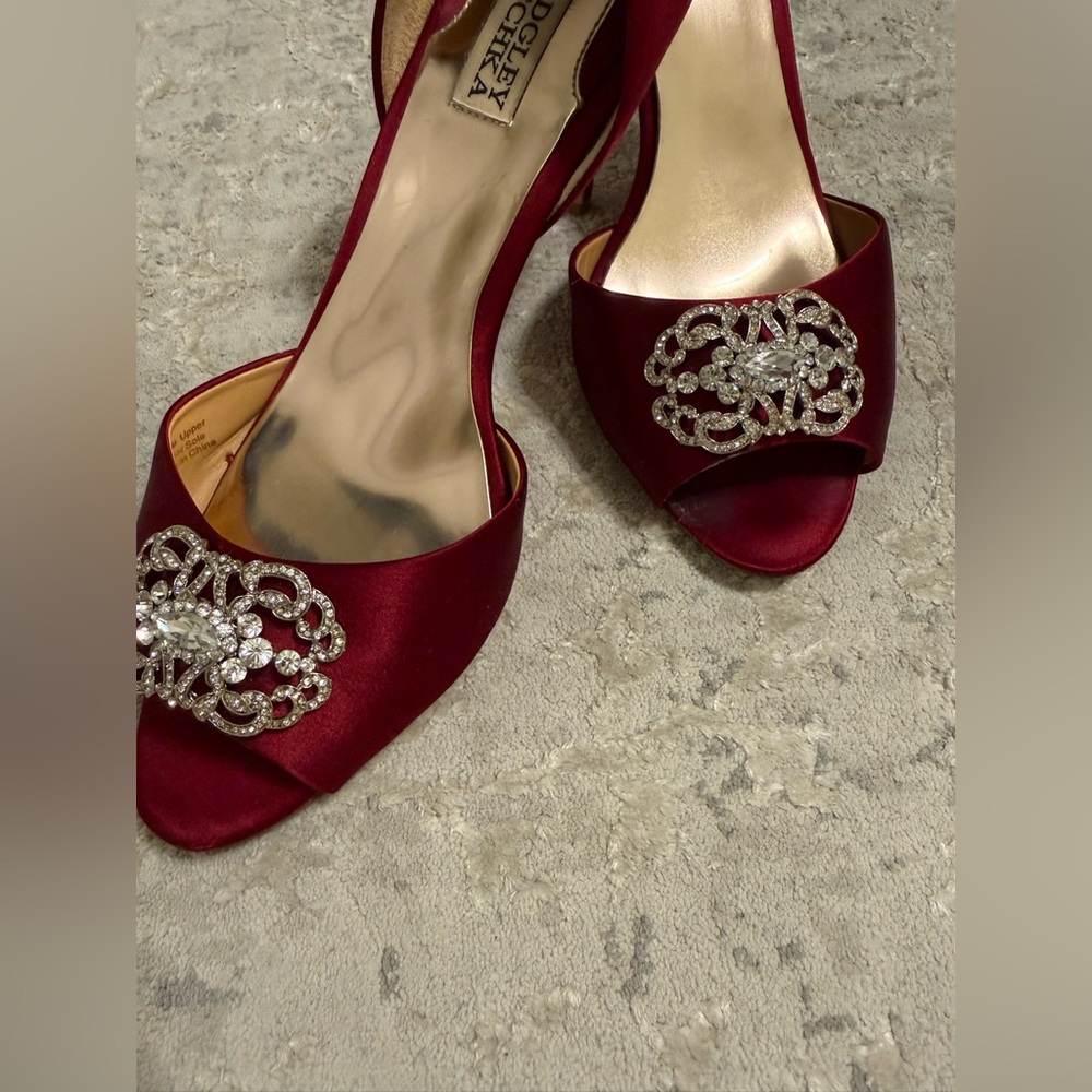 Badgley Mischka Burgundy Satin Peep-Toe Heels with Crystal embellishment - Picture 7 of 13